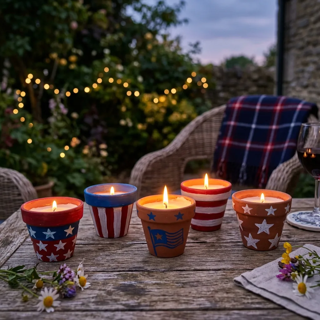 Patriotic clay pot candle holders glowing at night